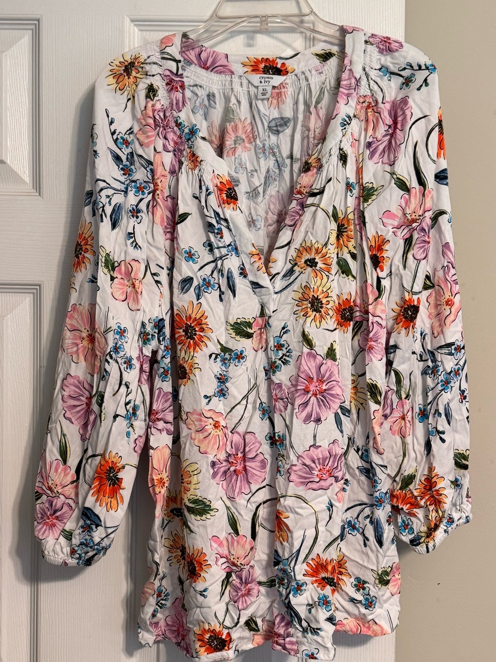 Crown & Ivy Pink Orange Floral Split V-neck 3/4 Balloon Sleeve Peasant Blouse XL